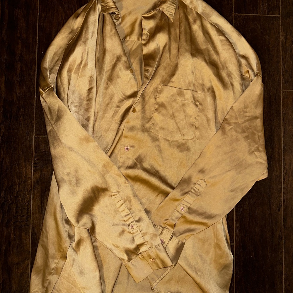 Gold Satin like Button-Up Dress Shirt